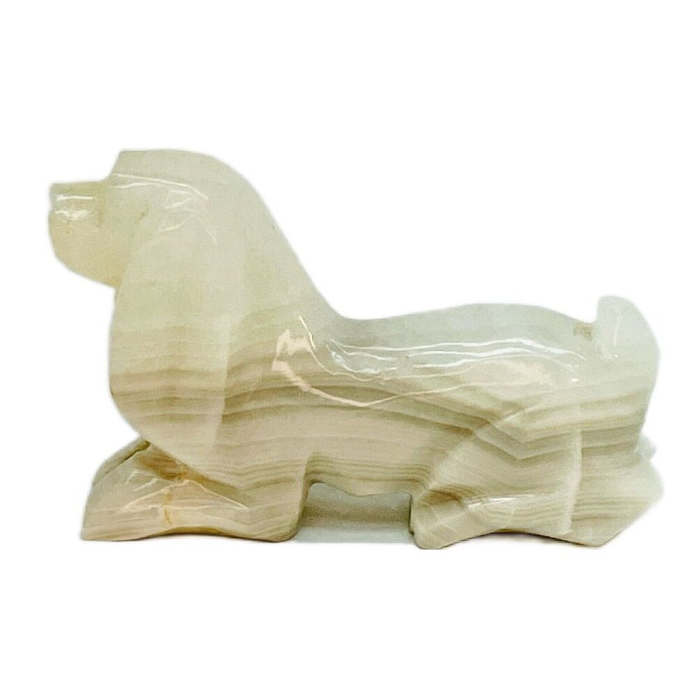 Hand Carved Onyx Corgi Dog Lucid Vintage Handmade Statue Stone Marbled Cream